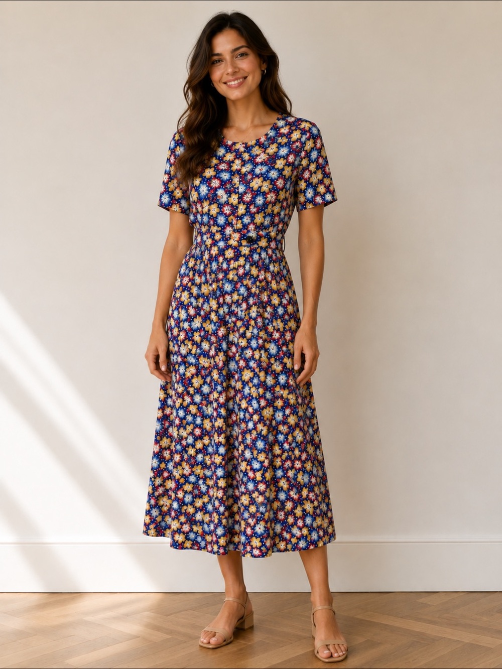 Liz Claiborne 90’s Blue Red & Yellow Floral Midi Dress Size 8